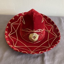Handmade Red Velvet Mexican Sombrero Gold Embroidery Chin Strap One Size
