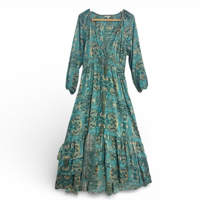 #ad Boemo Paisley Print Maxi Dress Teal Long Sleeve Smocked Waist Tiered Ruffle XL $42.99