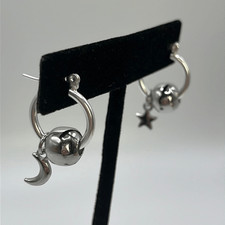 Silver-Plated Tiny Hoop Earrings with Silver-Tone Beads and Moon  Star Charms