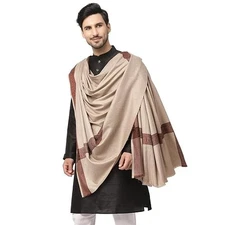 Gray Men's Wool Shawl Lohi Scarf with Woven Border | Warm Winter Wrap 50" x 100