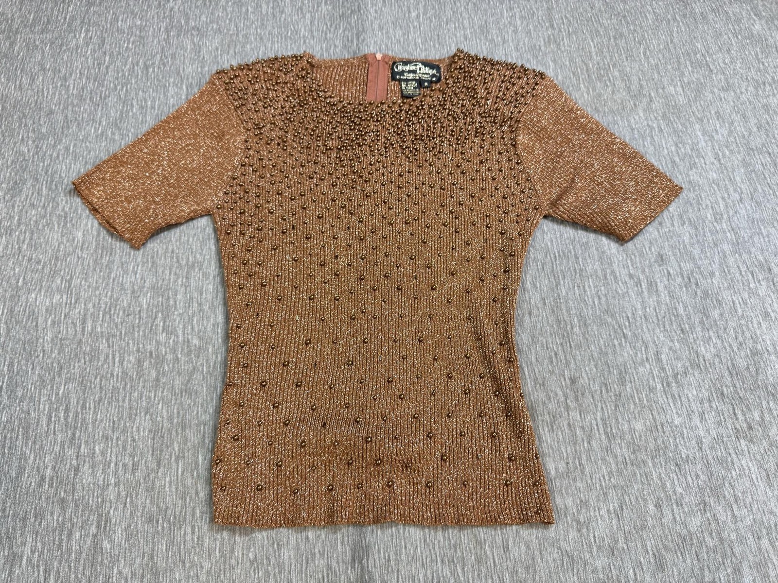 Vintage Christine Phillipe brown beaded metallic knit top, size medium.