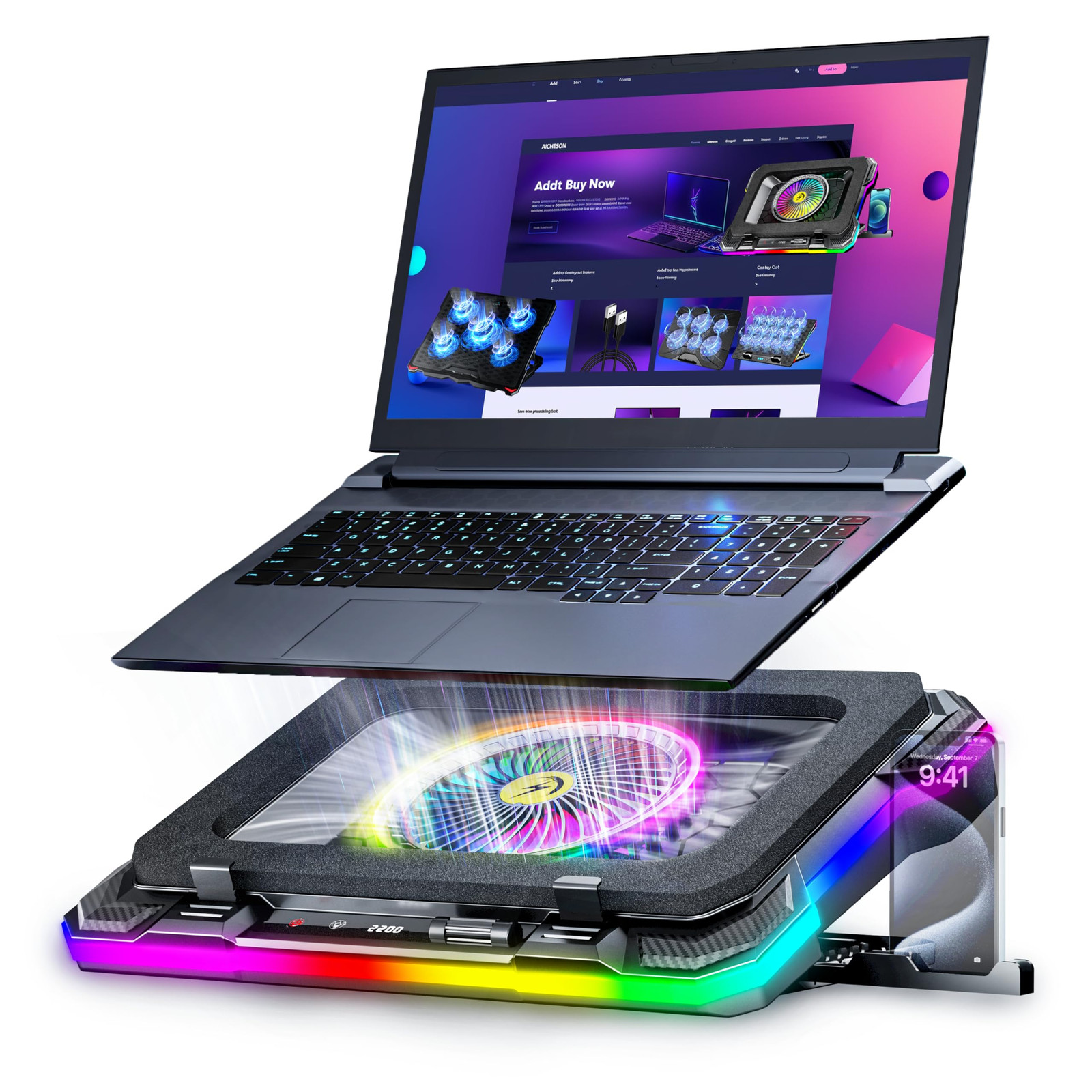 Gaming Laptop Cooling Pad with Full RGB Lights, Powerful Cooler Fan Stand for...