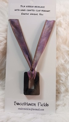 Necklace Hand Dyed Silk Necklace With Hand crafted Clay Pendant Earthy Unique