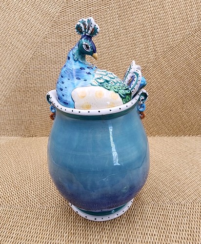 Blue Sky Clayworks Porcelain - Hand Painted PEACOCK COOKIE JAR Canister - Picture 1 of 8