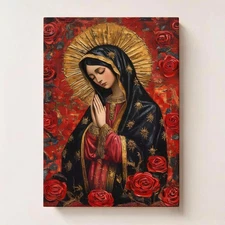 Our Lady of Guadalupe Canvas Wall Art,Virgin Mary Poster, Catholic Rose Decor