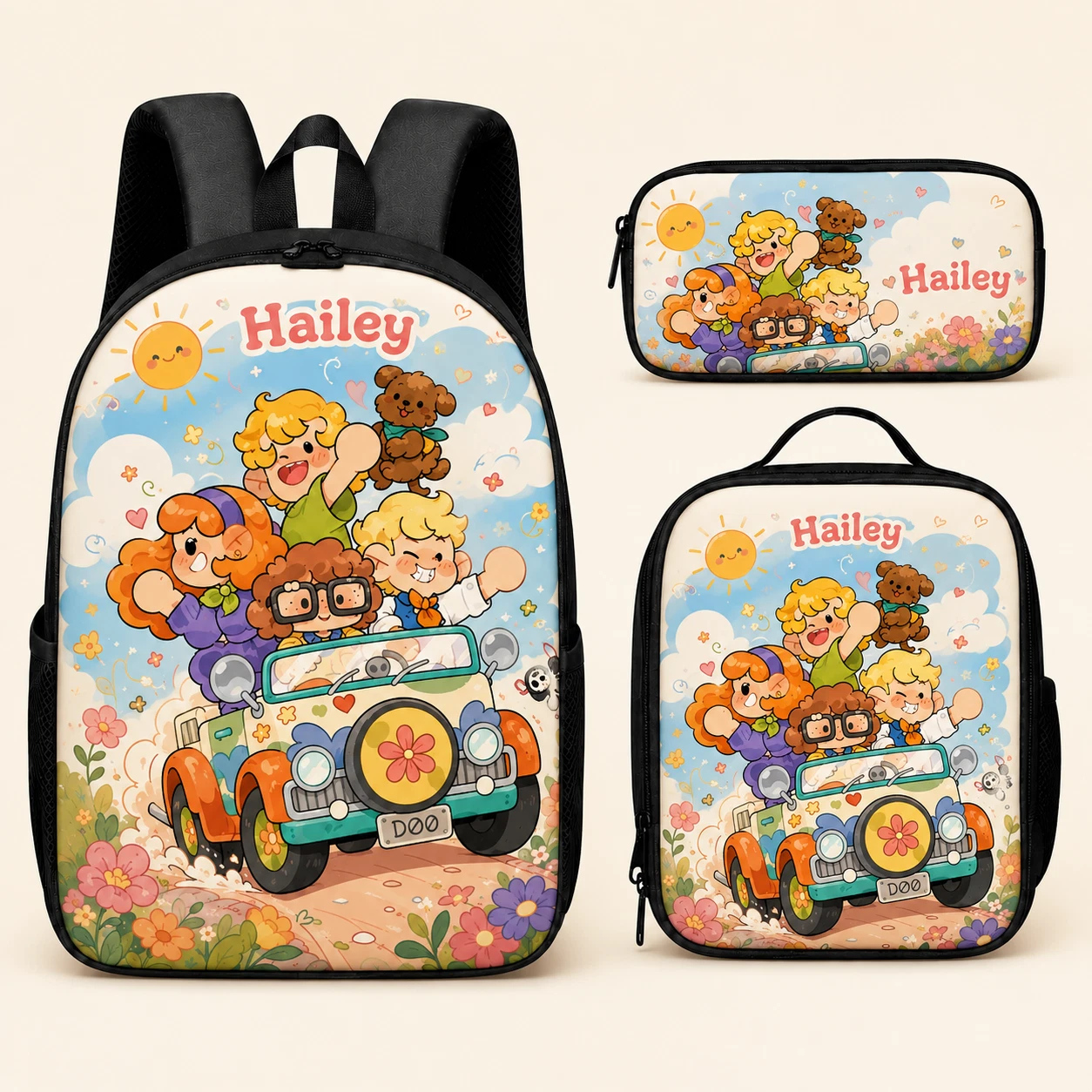 Personalized Cute Cartoon Adventure Van Backpack 3 Pcs Set Custom Name Bag