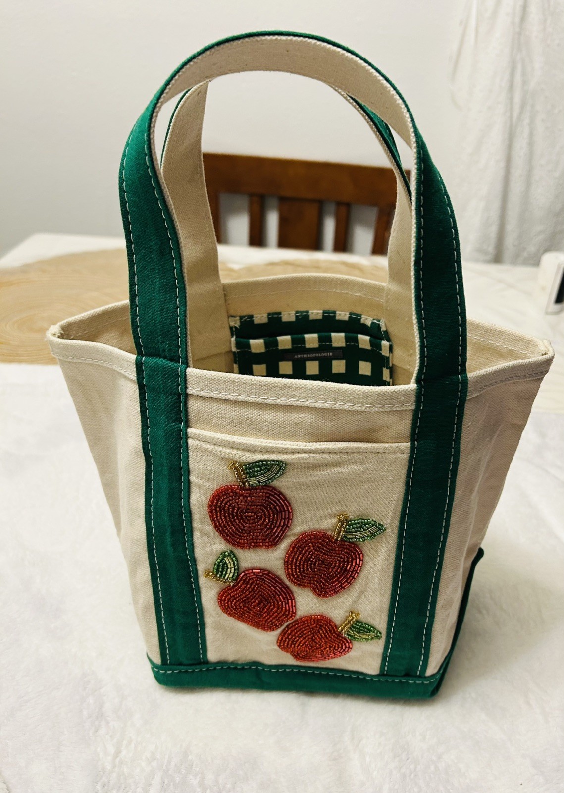 Anthropologie-canvas beaded mini tote- apple motif