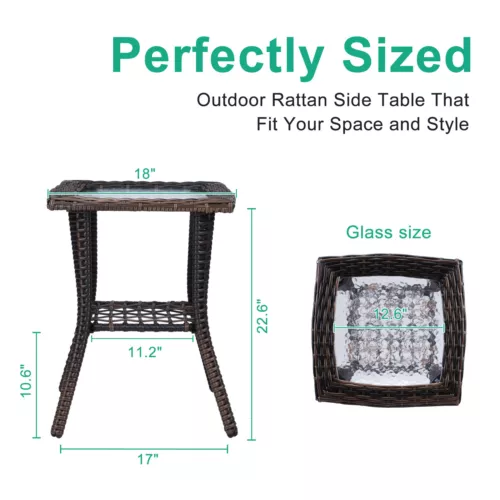 Outdoor Wicker Side Table,Rattan End Table with Glass Top,Patio Coffee Bistro US - Picture 4 of 9