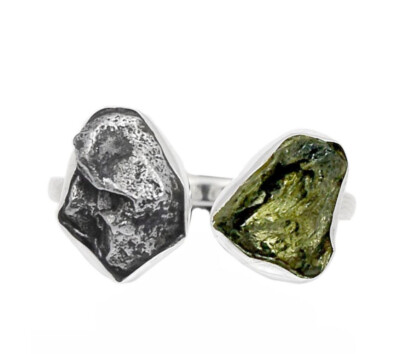 Meteorite Campo Del Cielo Czech Moldavite 925 Sterling Silver Ring Jewelry s.6