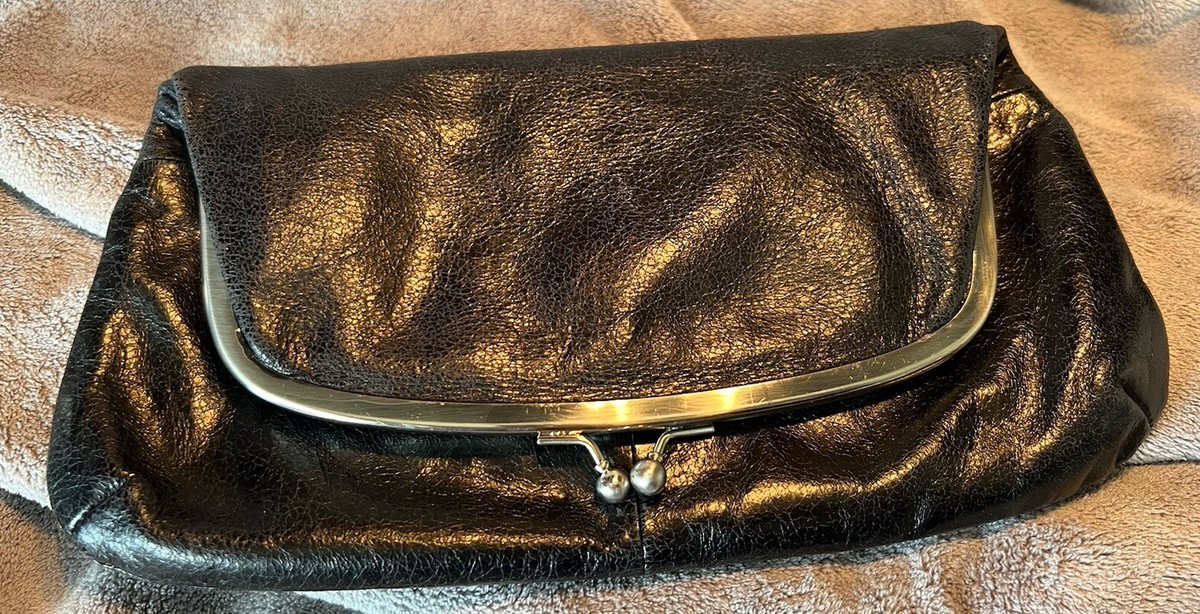 HOBO International Black Leather Foldover Kisslock Clutch Wallet Handbag  NWOT
