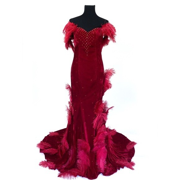 red ostrich feather dress Red Silk Mini Dress with Feathers M/L / Red