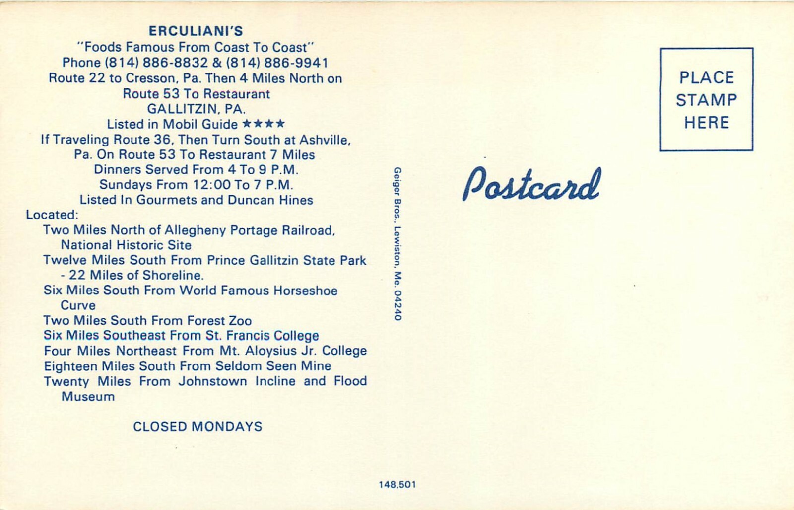 Gallitzin Pennsylvania Erculianis Restaurant PA Postcard eBay