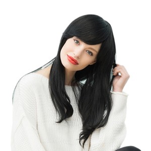 Fashion Women Side Bangs Black Long Sleek Straight Human Hair Wig