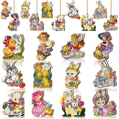 24 Pcs Vintage Easter Wooden Hanging Ornaments Retro Easter Ornament for Tree 