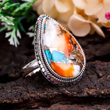 Orange Oyster Turquoise Ring 925 Sterling Silver Handmade Boho Ring Gift Jewelry