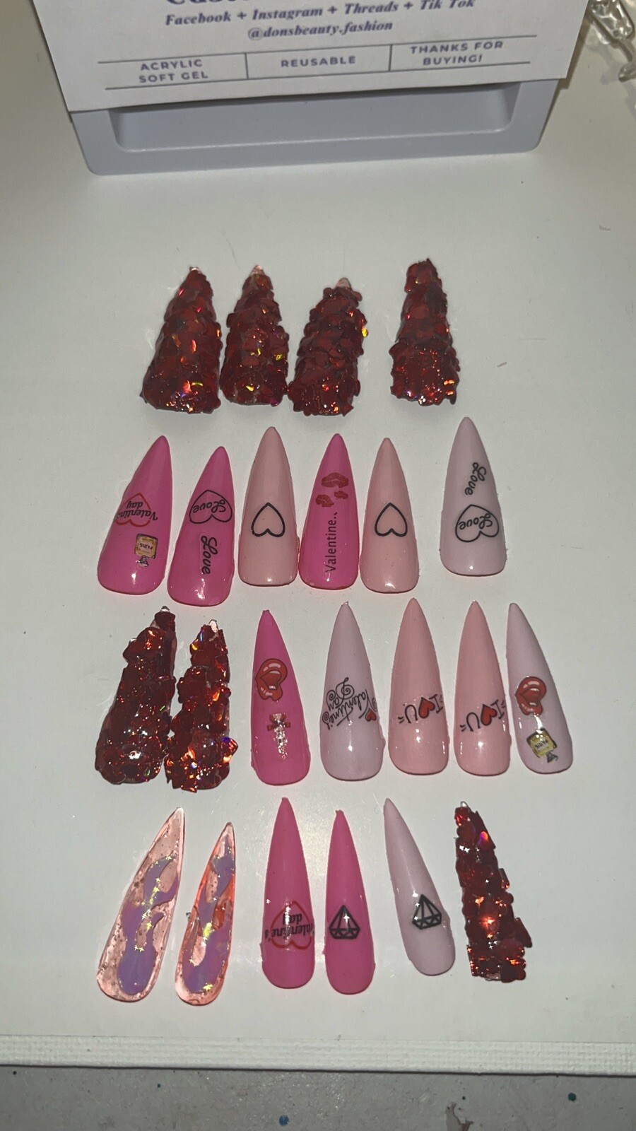 Handmade Gel 23CT Press On Nail Set Medium Stiletto Valentine's Day Love Glitter