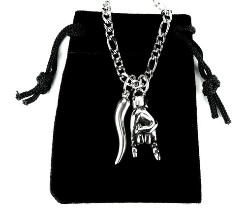 Collana Mano Cornuto & Cornicello Catena Figaro Italia Portafortuna Ciondoli Italiani - Foto 8 di 8