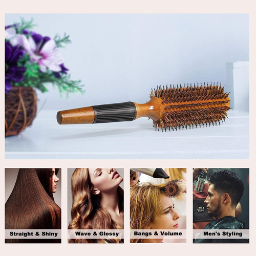 round Brush for Blow Drying, Boar Bristle round Hair Brush with Wooden Barrel, L - Picture 5 of 7