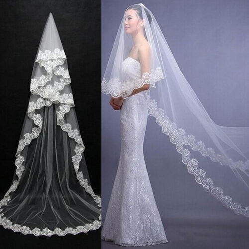 Wedding Veil Cathedral Long 3M White Lace Headpieces Tier With Edge Bridal UK - Picture 1 of 9