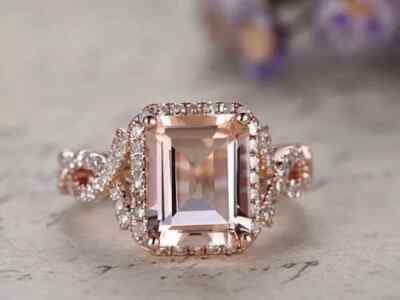 Halo Engagement Ring 3 Ct Emerald Cut Simulated Morganite 14k Rose Gold ...