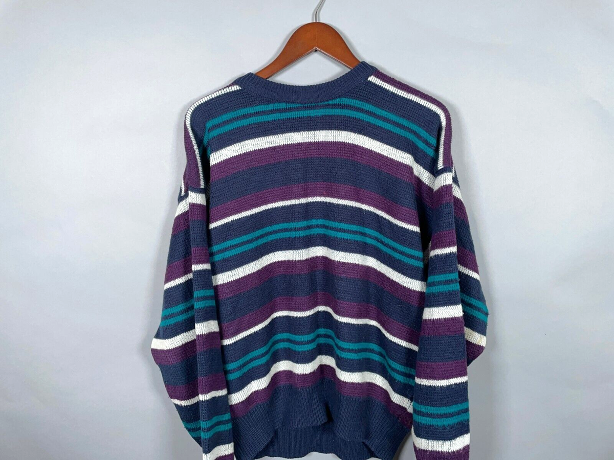 VTG 90s Stefano Striped Pattern Sweater Adult Large Purple Green Preppy Knit