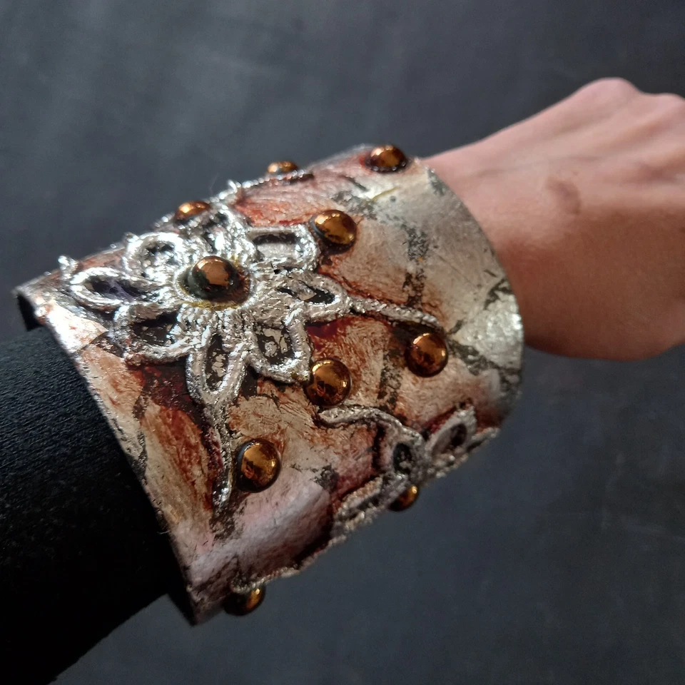 rigid bracelet cuff gold leaves flower stud silver rock punk goth woman jewelry - Image 2 of 4