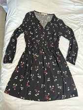 LOFT Petites Black Floral Button Front V-Neck Long Sleeve Knee Dress MP