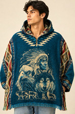 Native American World Blue Hooded Acrylic Poncho Woven Wolves Eagle One Size