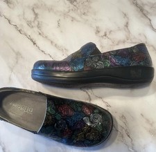 Women  s Alegria KEL-466 Black Floral Pattern Leather Slip-on Loafers Size 37