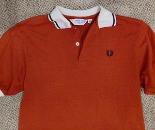 Vintage Polo uomo Fred Perry anni 70 80 autunno arancione bruciato pullover top S/M