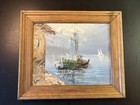 Vtg Artist Signed Coastal Sailing Scene Original Framed Oil Painting On Board
