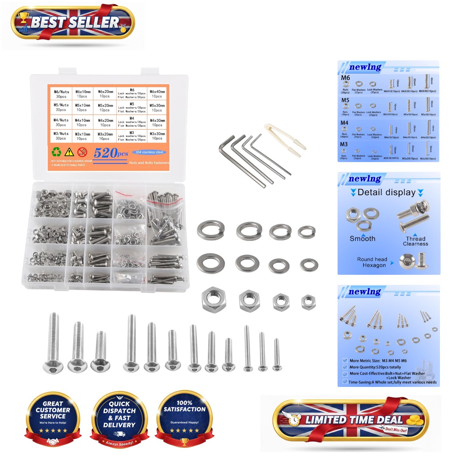 Versatile M3 M4 M5 M6 Bolt and Nut Assortment - 525 Pieces for DIY Projects