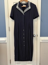 Miss Dorby Navy Vintage Sailor Midi Dress Collared Button Size 10  Classic