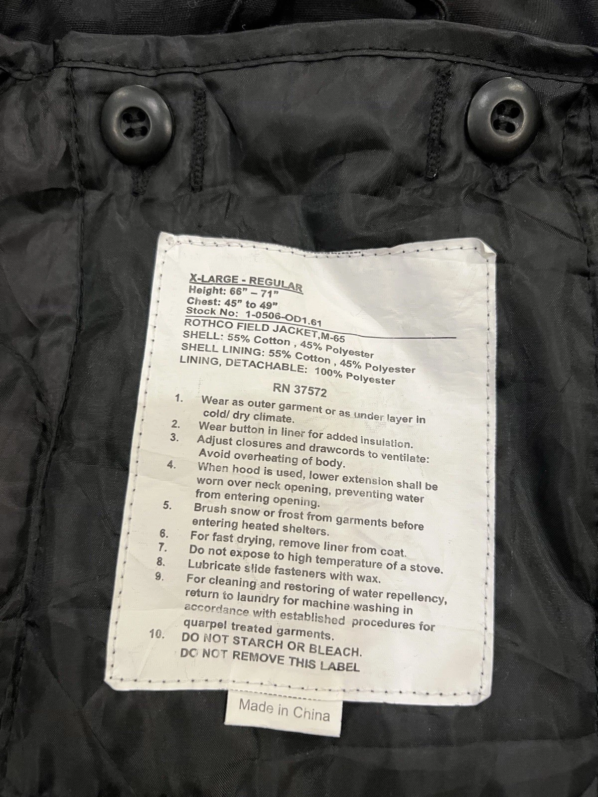 Rothco M-65 Field Jacket Mens XL Black Military Hooded Quilted Liner EXCELLENT image 13