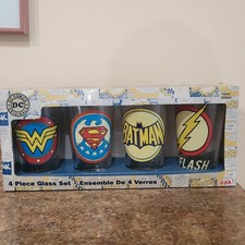 Vintage Set Of 4 DC Comics Glass Cup Set, Wonder Women, Superman, Batman, Flash
