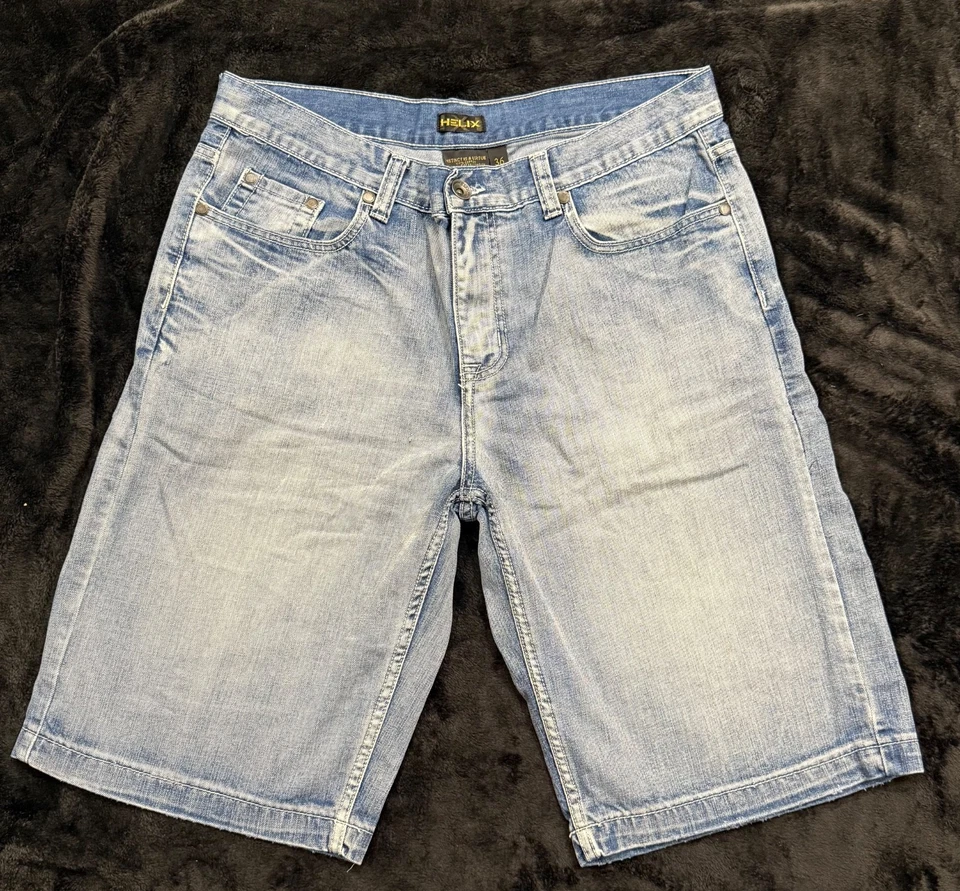 Pantalones Cortos de Denim Helix Para Hombre Lavado a la Piedra Talla 36x12 Bordados Sueltos Pierna Ancha Foto 3 de 4