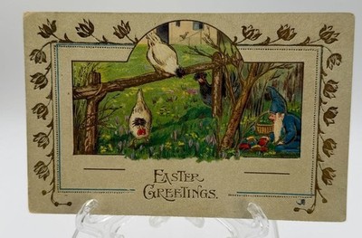 Antique Postcard Easter Greetings Germany Gnome Stealing Chicken Eggs 1900s
