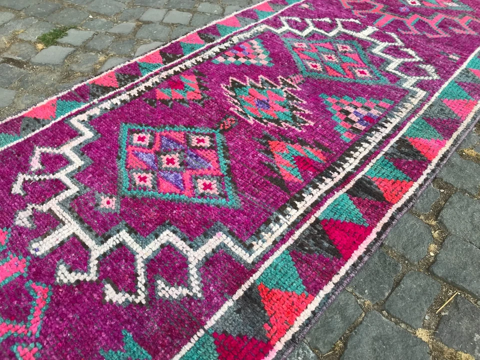 Alfombra turca vintage hecha a mano alfombra de lana alfombra bohemia corredor 2,7 x 12, pies Foto 2 de 4