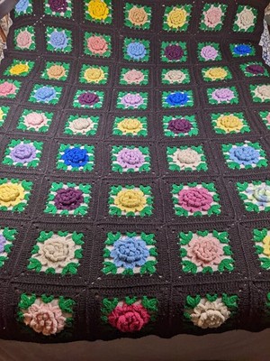 Handmade Crochet Afghan Granny Squares 3 D Roses Black Multi Color Blanket Throw