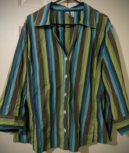 Bill Blass - Damen 2XL - Vintage - blau, braun & grün gestreift - Buttondown - Bild 1 von 5