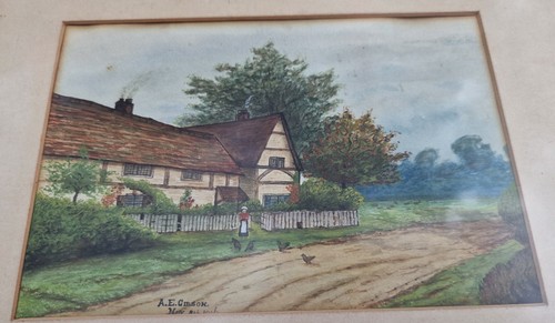 Antique 1916 A.E. Gibson Signed Watercolour, Country Cottage & Chickens, Gilt (photo 2)