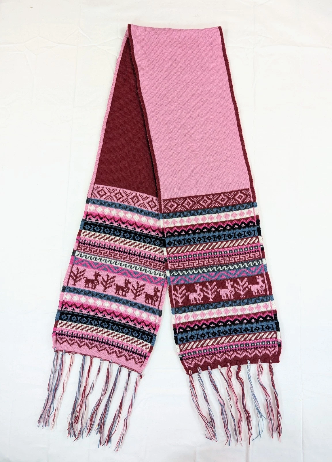 Pink Red Reversible Soft Alpaca Scarf Peruvian Inca Pattern Textile