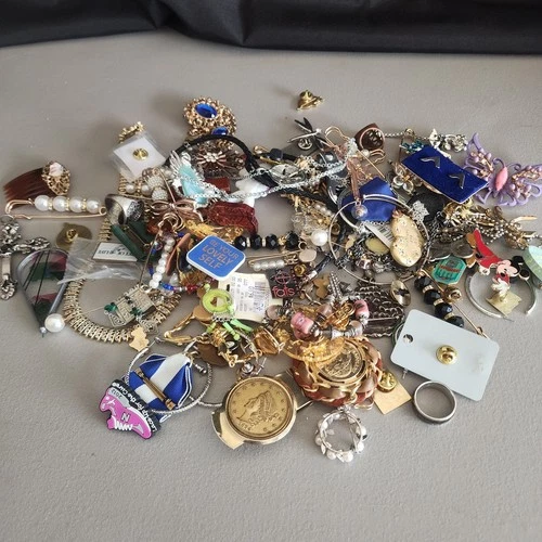 Vintage & Modern Costume Jewelry Lot - Assorted Pins, Necklaces, and Trinkets