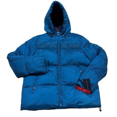 Tommy Hilfiger Puffer Jacket Mens Sz L Sea Blue Full Zip Hooded NWT 153AN916