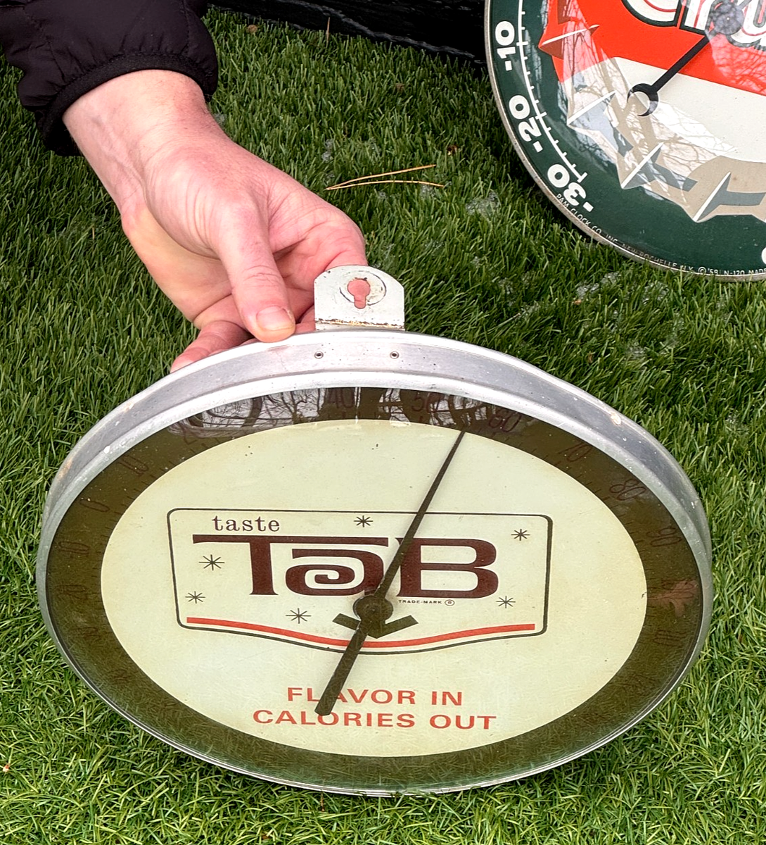 Vintage Early Tab Soda Pop Glass & Metal Thermometer Sign by Coca