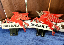 VINTAGE PAIR OF MOBIL PEGASUS EMBOSSED LICENSE PLATE TOPPERS. NOS! SUPER NICE!