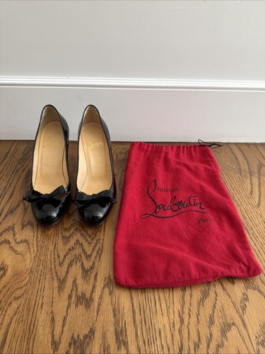 Rare Christian Louboutin Patent Black Leather Bow Red Heels Pumps Size 37 US 7