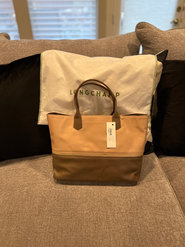 NEW/tags Longchamp Brown/Beige (camel) Leather Expandable Tote | eBay
