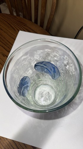 Blenko 9 5/8" Tall Crackle Glass Vase Sky Blue Leaves Shape #366ML - Picture 4 of 5