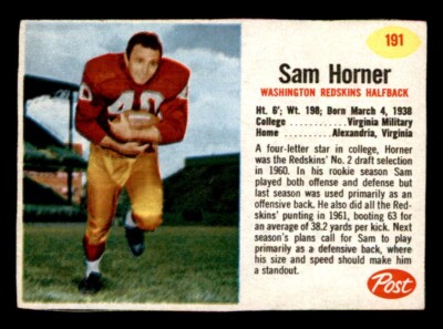 1962 Post Football #191 Sam Horner EX
